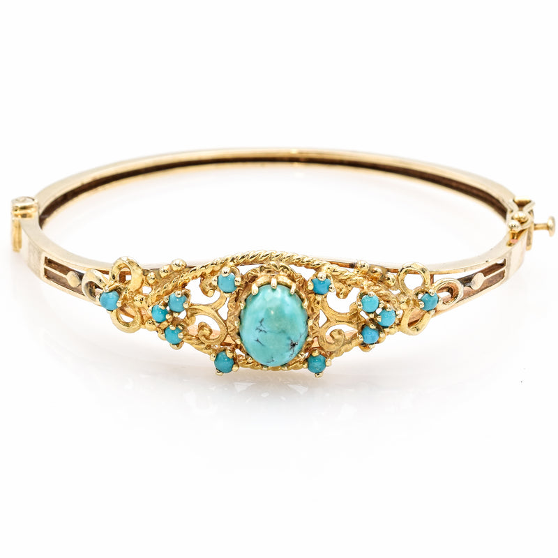 Antique Victorian 14K Yellow Gold Turquoise Hinged Bangle Bracelet