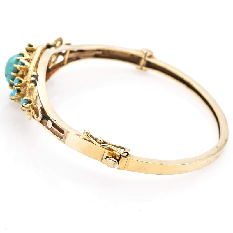Antique Victorian 14K Yellow Gold Turquoise Hinged Bangle Bracelet