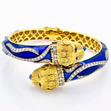 Vintage Greek 18K Yellow Gold Sapphire & Diamond Blue Enamel Lion Bracelet