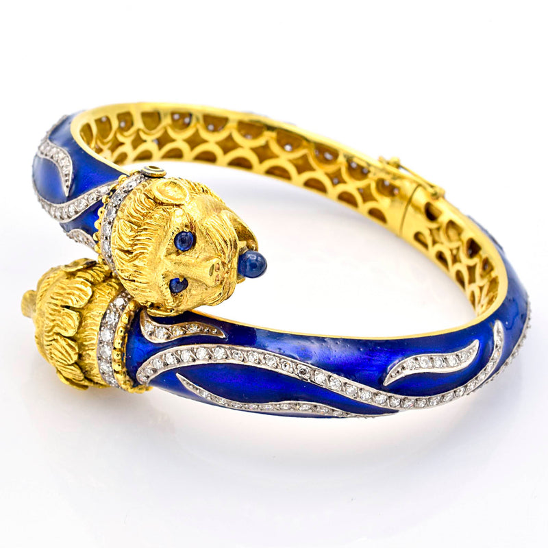 Vintage Greek 18K Yellow Gold Sapphire & Diamond Blue Enamel Lion Bracelet