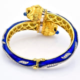Vintage Greek 18K Yellow Gold Sapphire & Diamond Blue Enamel Lion Bracelet