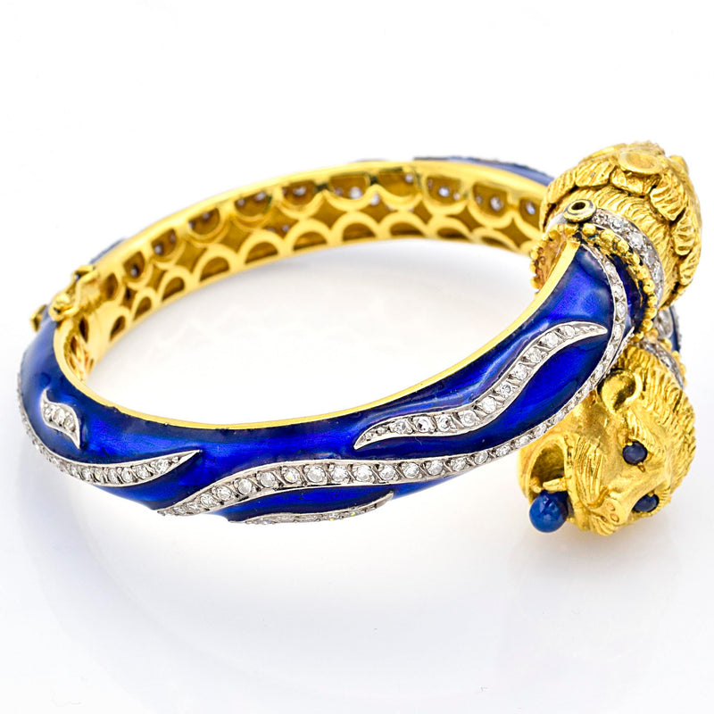 Vintage Greek 18K Yellow Gold Sapphire & Diamond Blue Enamel Lion Bracelet