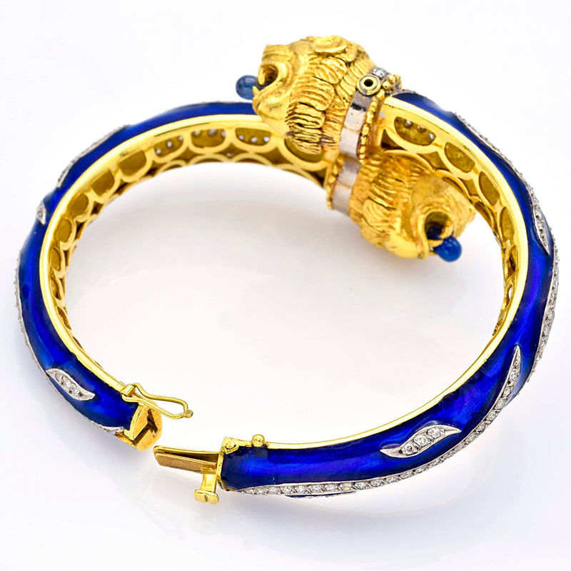 Vintage Greek 18K Yellow Gold Sapphire & Diamond Blue Enamel Lion Bracelet