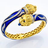 Vintage Greek 18K Yellow Gold Sapphire & Diamond Blue Enamel Lion Bracelet