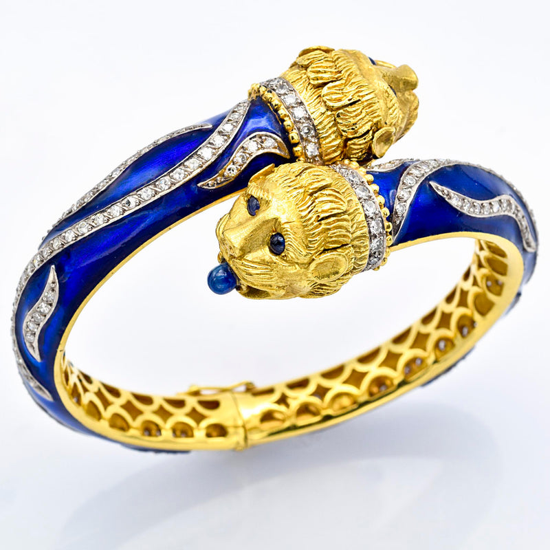 Vintage Greek 18K Yellow Gold Sapphire & Diamond Blue Enamel Lion Bracelet