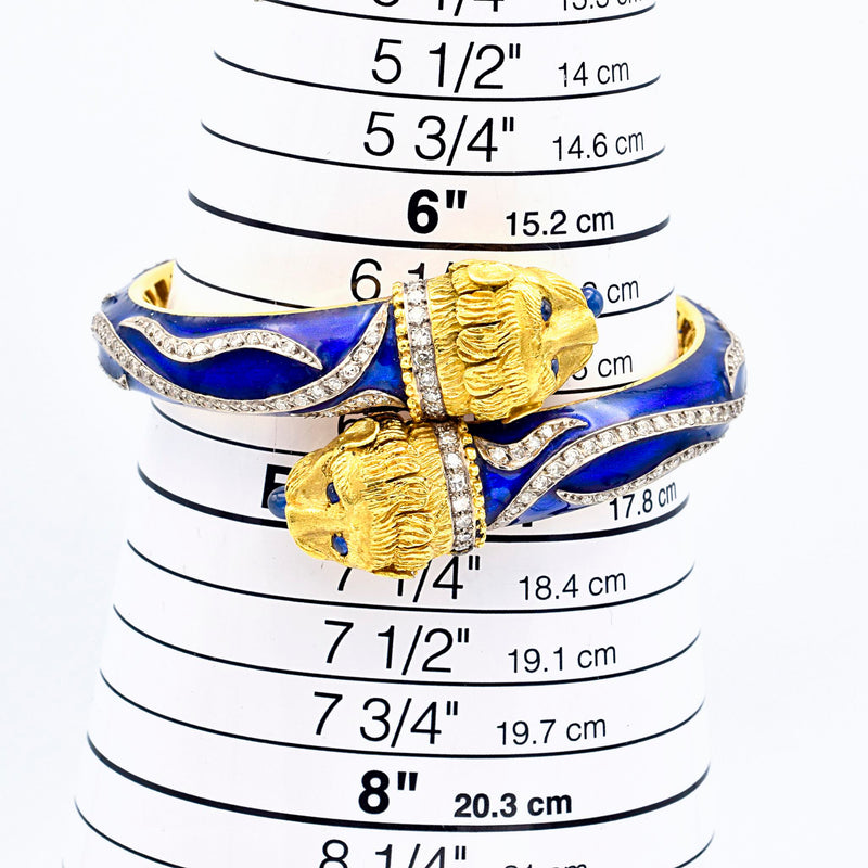Vintage Greek 18K Yellow Gold Sapphire & Diamond Blue Enamel Lion Bracelet