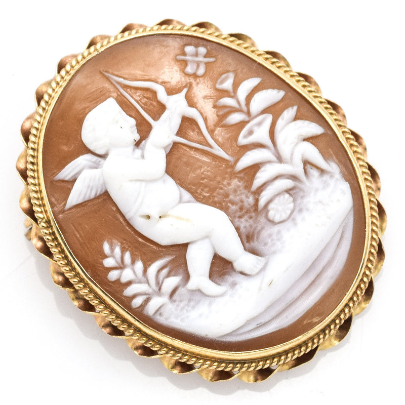 Antique 14K Yellow Gold Oval Cupid Cameo Brooch Pin Pendant