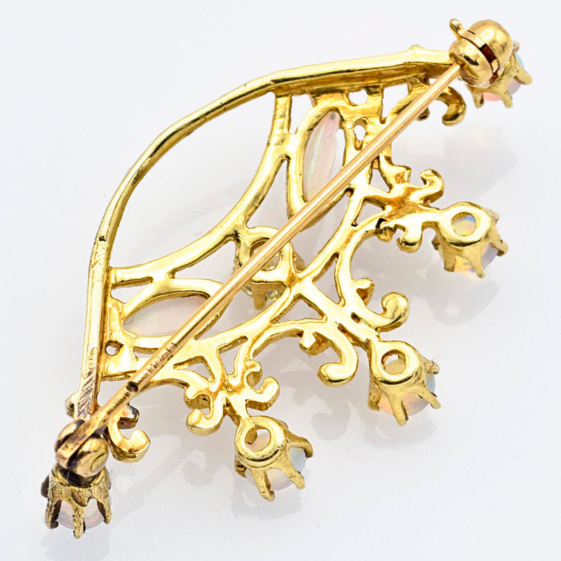 Antique 14K Yellow Gold Opal & Euro Cut Diamond Crown Brooch Pin