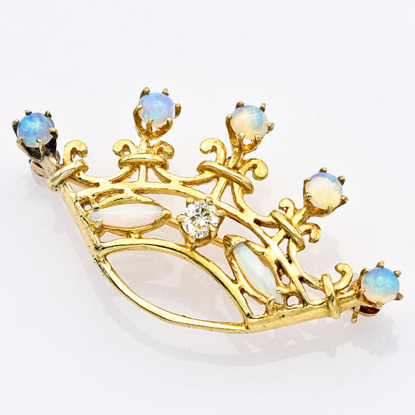 Antique 14K Yellow Gold Opal & Euro Cut Diamond Crown Brooch Pin