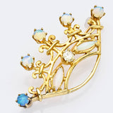 Antique 14K Yellow Gold Opal & Euro Cut Diamond Crown Brooch Pin