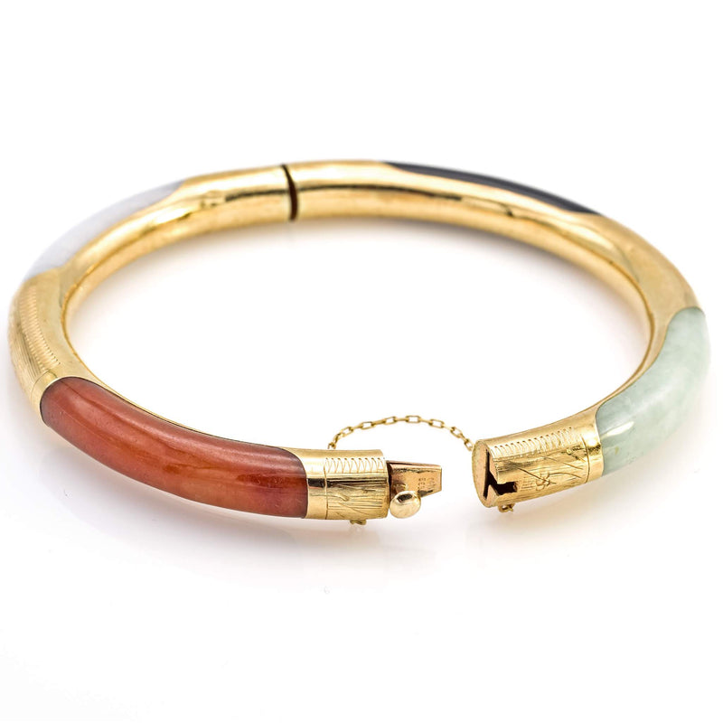 Vintage 14K Yellow Gold Multi-Color Jade Hinged Bangle Bracelet