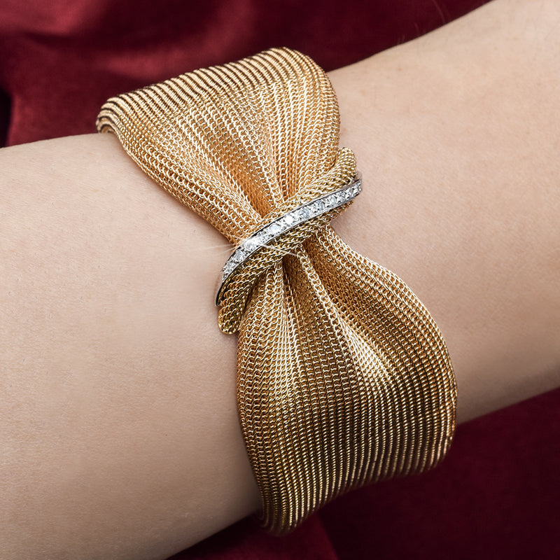 Estate 14K Rose Gold Diamond Mesh Hinged Bracelet