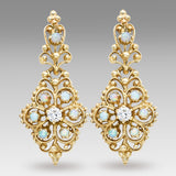 Vintage 14K Yellow Gold Opal And Diamond Filigree Chandelier Earrings