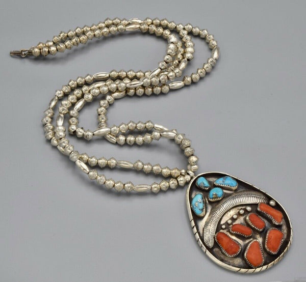 Vintage Southwestern Sterling Red Coral Turquoise Necklace 119.6 Grams 31 Inches