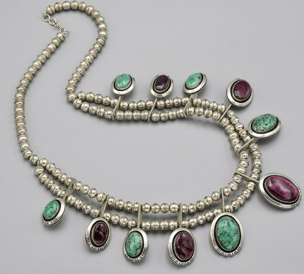 Vintage Sterling Silver Southwestern Turquoise & Charoite Necklace 146.1 Grams