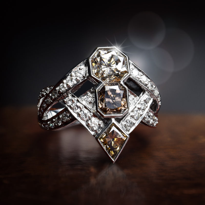 Vintage 18K White Gold Natural Tri Color Diamond Cocktail Ring