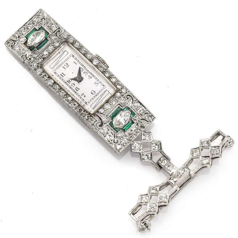 Antique Platinum Diamond & Emerald Art Deco Brooch Pin Watch