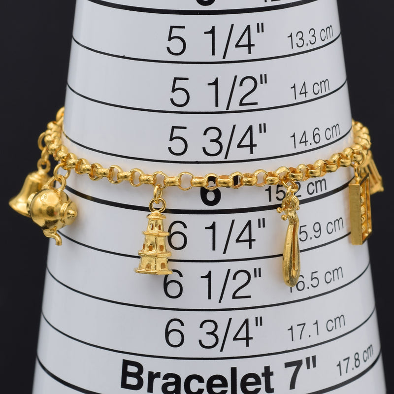 Vintage 24K Gold Teapot, Bell, Cage, Pipa, Abacus, Pagoda, Iron Charms Bracelet