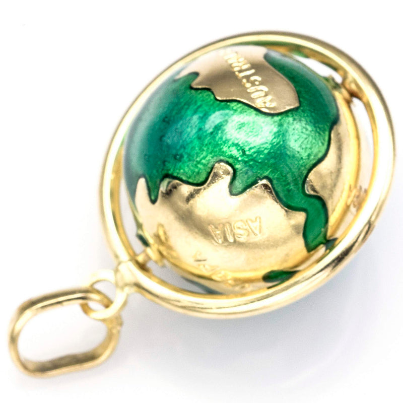 Vintage 9K Yellow Gold Green Enamel Spinning Globe World Charm Pendant 5.5G