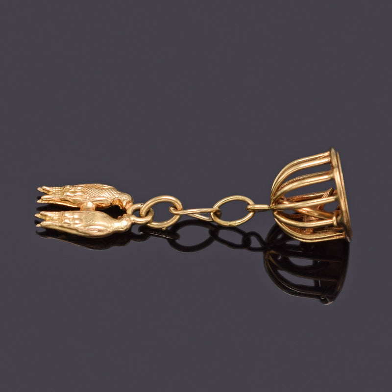 Vintage 14K Yellow Gold Love Birds Birdcage Charm Pendant