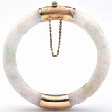 Vintage 14K Yellow Gold Carved Green White Jade Hinged Bangle Bracelet