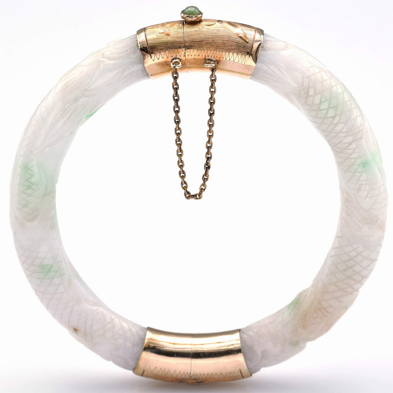 Vintage 14K Yellow Gold Carved Green White Jade Hinged Bangle Bracelet