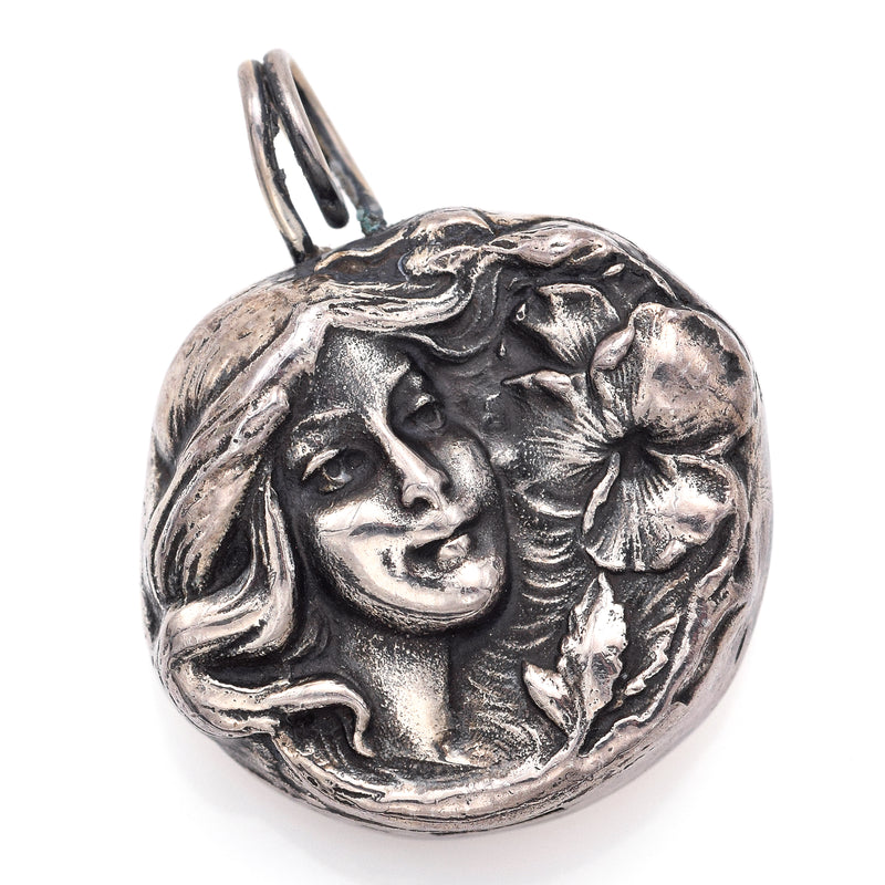 Vintage Henryk Winograd HW 999 Fine Silver Repoussé Woman Flower Pendant 24.5mm