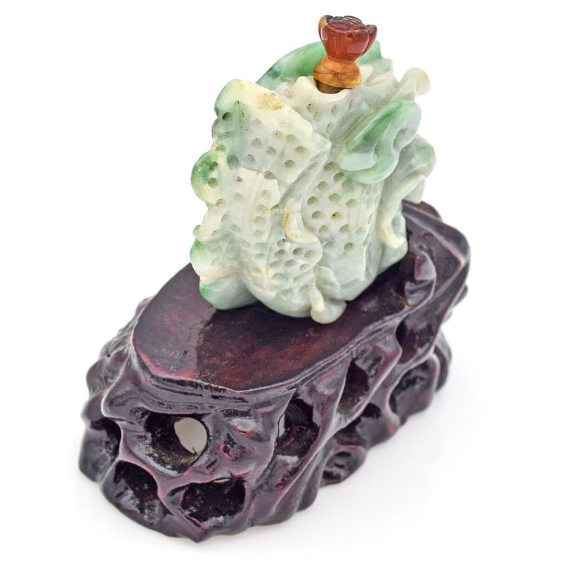 Antique Chinese Green Jade Carved Cabbage Snuff Bottle + Wood Stand 154.5 Grams