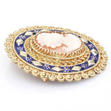 Antique 14K Yellow Gold Cameo & Blue Enamel Oval Brooch Pin