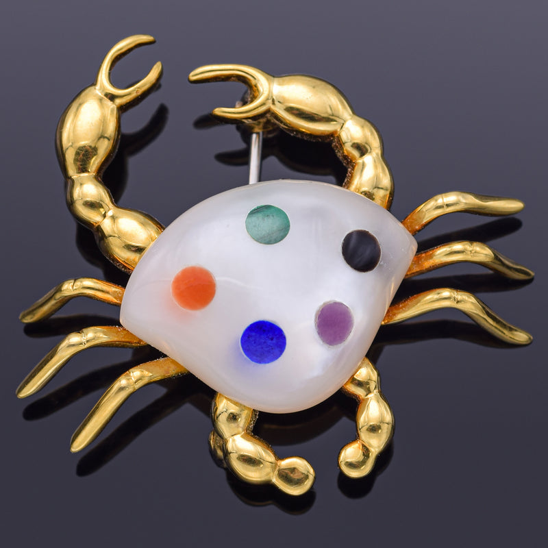 Asch Grossbardt 18K Yellow Gold Multi-Stone & Mother of Pearl Crab Brooch Pin