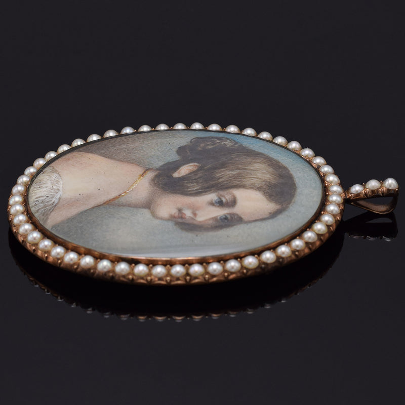 Antique Victorian 14K Gold Sea Pearl Hand Painted Large Portrait Pendant 30.6G