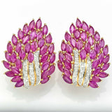 Vintage 14K Gold Non-Treated Ruby & Diamond Cluster Omega Back Earrings