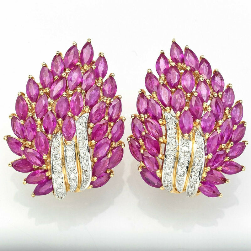 Vintage 14K Gold Non-Treated Ruby & Diamond Cluster Omega Back Earrings