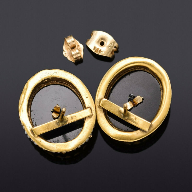 Antique 14K Gold Onyx, Sea Pearl & White Topaz Mourning Drop Earrings 6.3 Grams