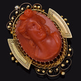 Antique 14K Yellow Gold Red Coral Cameo Brooch Pin Pendant 11.6Grams 38.0x30.3mm