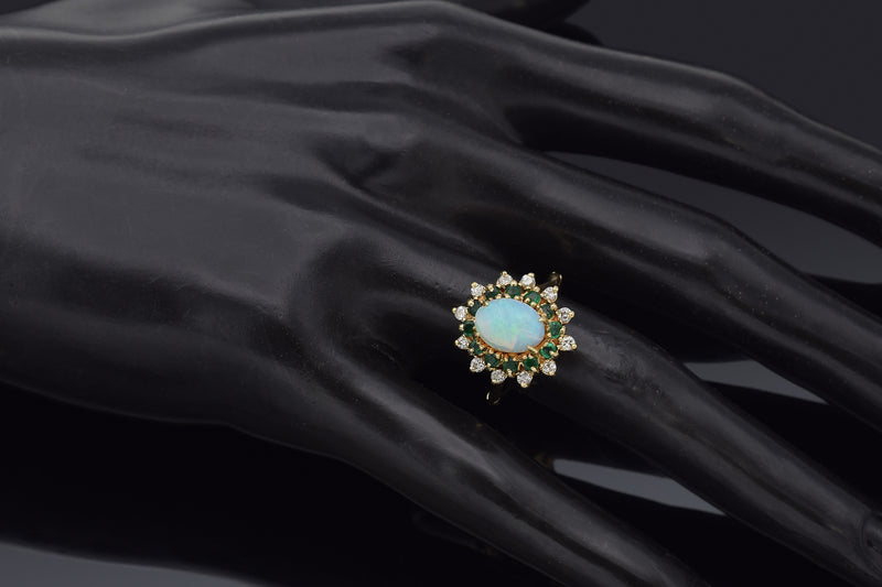 Vintage 14K Yellow Gold Opal, Emerald & 0.24 TCW Diamond Hinged Cocktail Ring