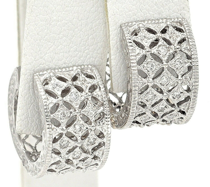 Vintage 14K White Gold Diamond Filigree Hoop Huggie Earrings