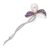 Vintage 14K White Gold Sea Pearl, Pink Sapphire & Diamond Floral Brooch Pin