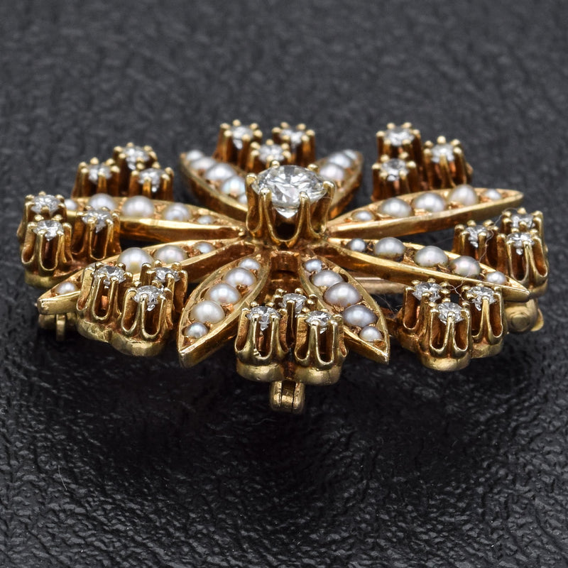 Antique 14K Gold 1.16TCW Diamond & Pearl Snowflake Brooch Pendant