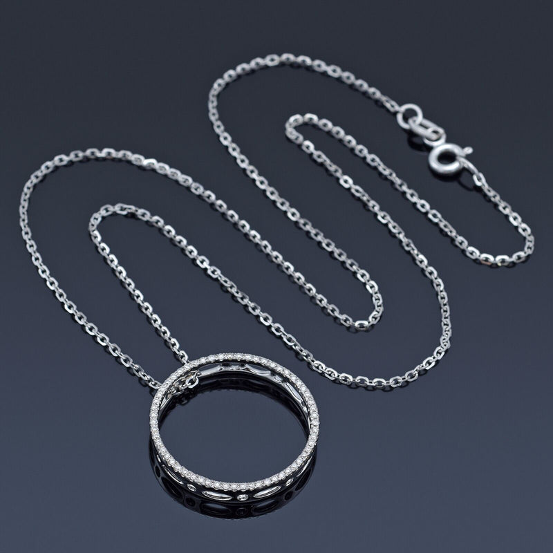 Estate 18K White Gold Diamond Open Circle Pendant Slider Necklace 3.8 Grams 16"