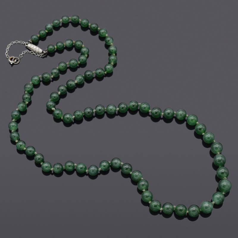 GIA Antique Platinum Translucent Green Omphacite Jade & Diamond Beaded Necklace