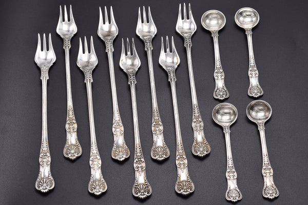 Tiffany & Co. Sterling Silver English King 8 Oyster Forks & 4 Mustard Ladles