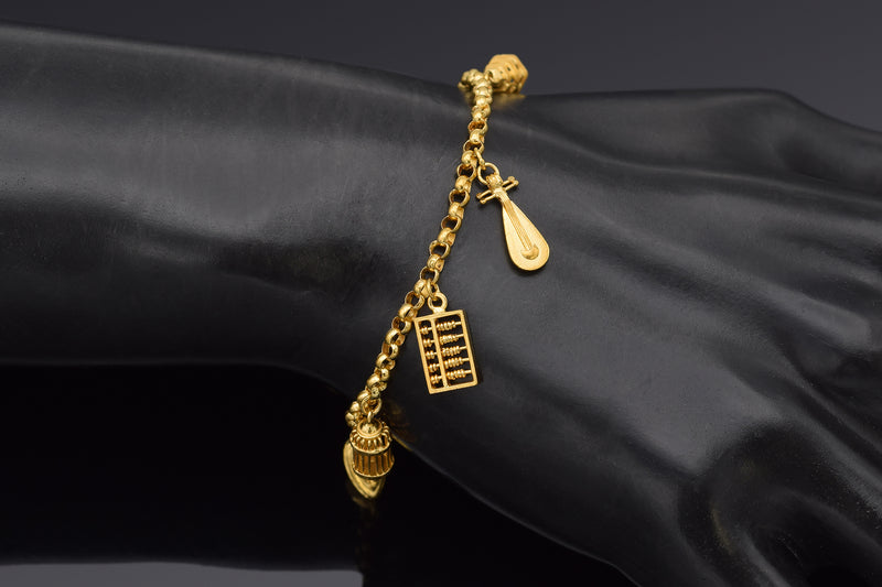 Vintage 24K Gold Teapot, Bell, Cage, Pipa, Abacus, Pagoda, Iron Charms Bracelet