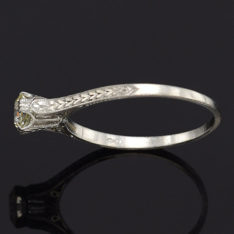 Antique 14K White Gold 0.40 Ct Old Euro Diamond Solitaire Band Ring
