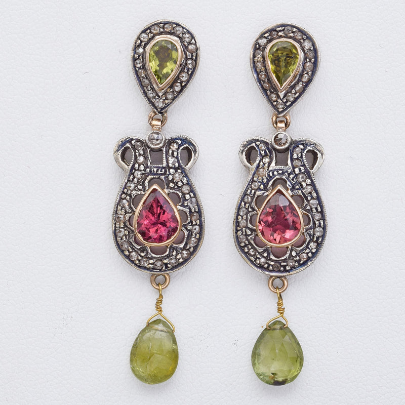 Antique 14K Gold Italian Hand-Made Multi-Stone & 0.80 TCW Diamond Dangle Earrings