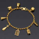 Vintage 24K Gold Teapot, Bell, Cage, Pipa, Abacus, Pagoda, Iron Charms Bracelet