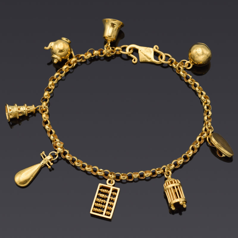 Vintage 24K Gold Teapot, Bell, Cage, Pipa, Abacus, Pagoda, Iron Charms Bracelet
