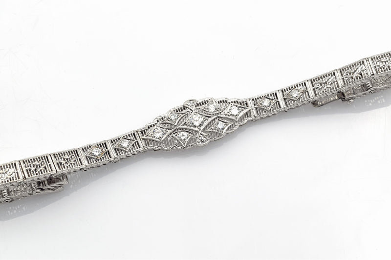 Vintage 10K White Gold Diamond Filigree Bracelet