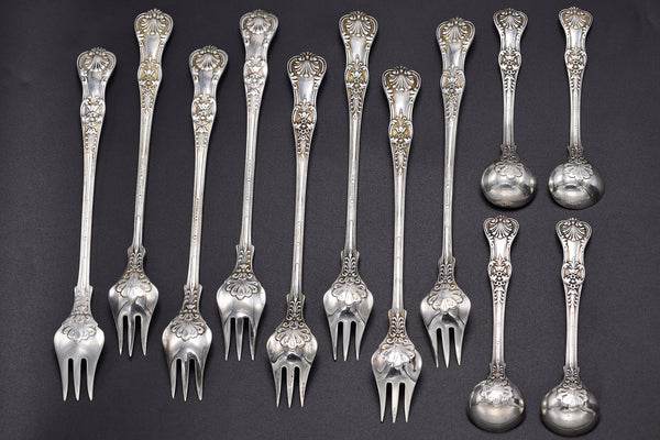 Tiffany & Co. Sterling Silver English King 8 Oyster Forks & 4 Mustard Ladles