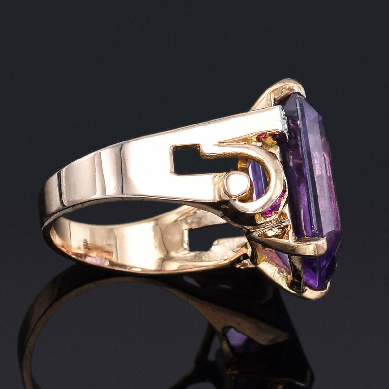 Antique 14K Gold 12.31 Ct Amethyst, Ruby & Diamond Cocktail Ring